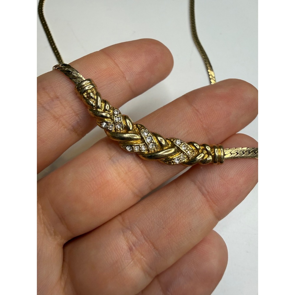 Gold Tone Braided Chevron Rhinestone Snake Chain Necklace Adjustable 16-19 In